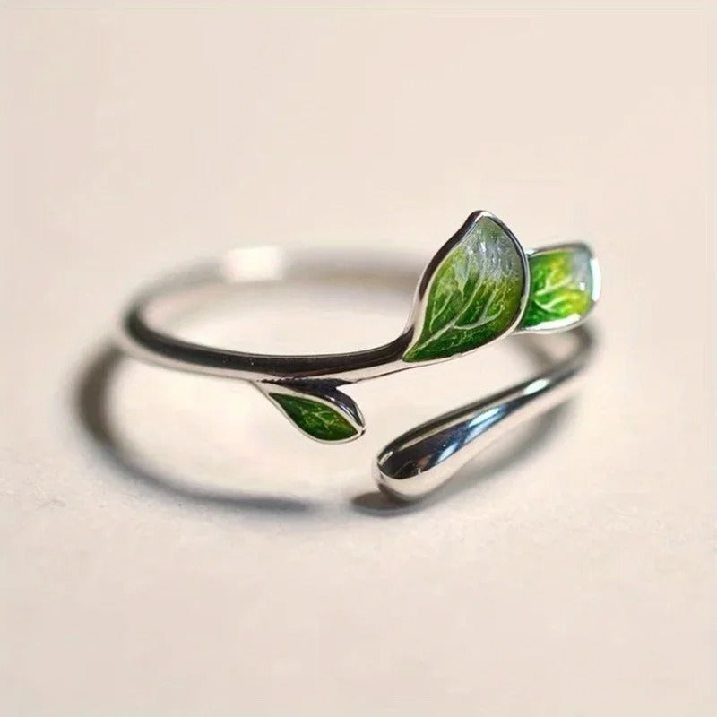 Adjustable Leaf-Shaped Ring with Enamel, Plated with 925 Sterling Silver
