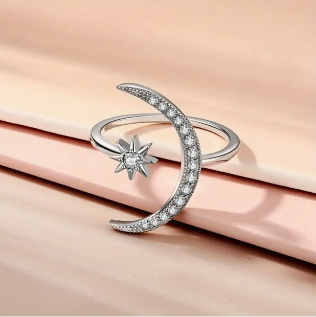 Moon & Star Diamond Ring in Silver