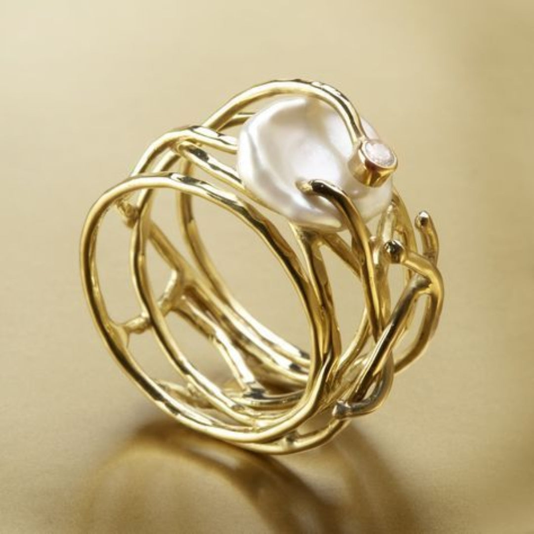 Thin Vintage-Style Gold and Pearl Ring