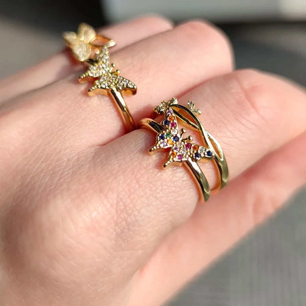 Adjustable butterfly ring with multicolored zirconia, 18 karat gold-plated