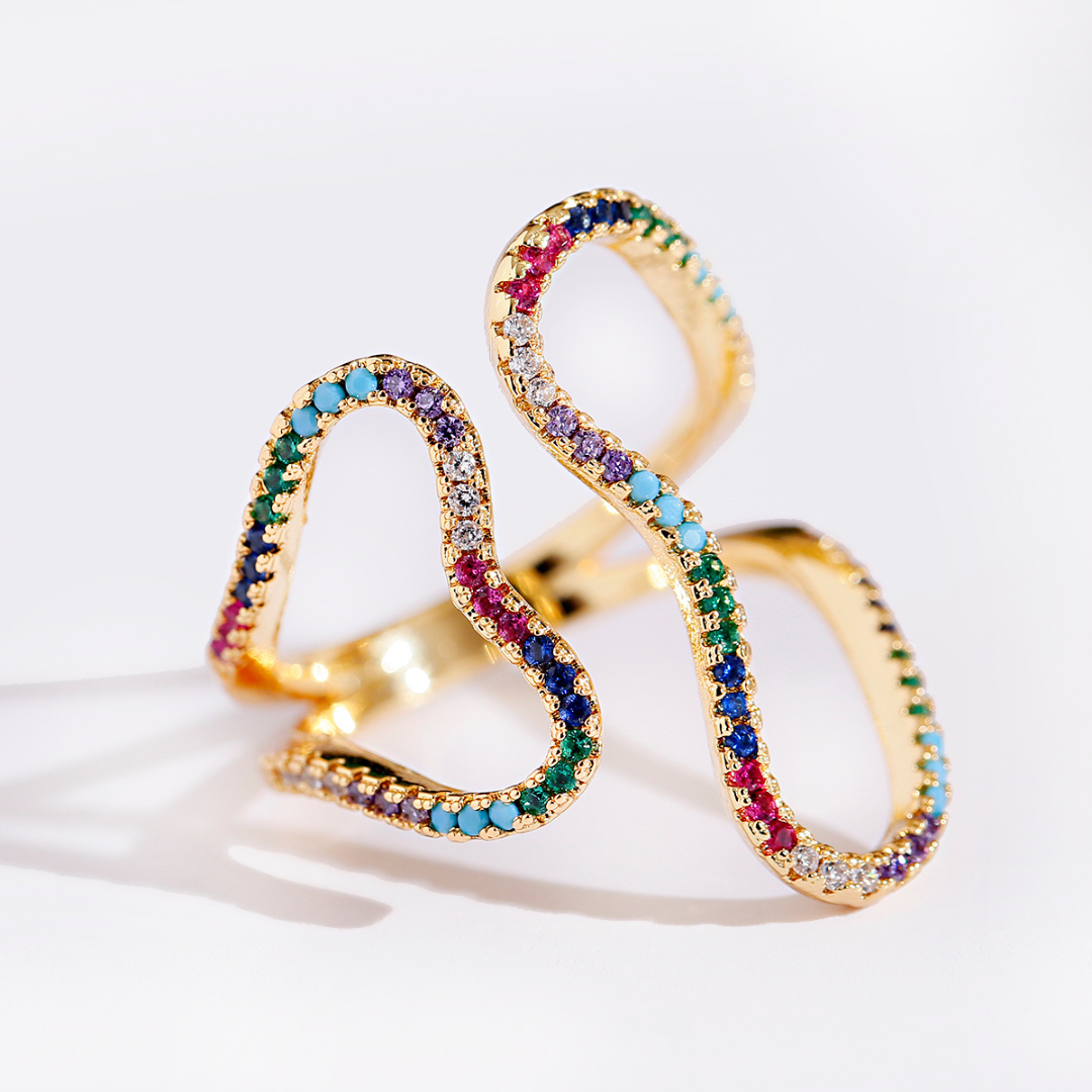 Adjustable ring with colored zirconia stones, 18 karat gold plated