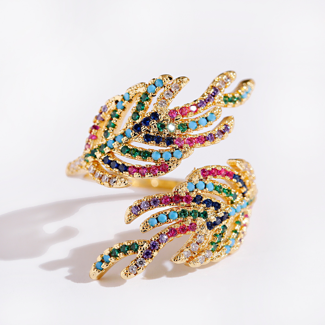 Adjustable 18K Gold Plated Leaf Ring with Colored Zirconia