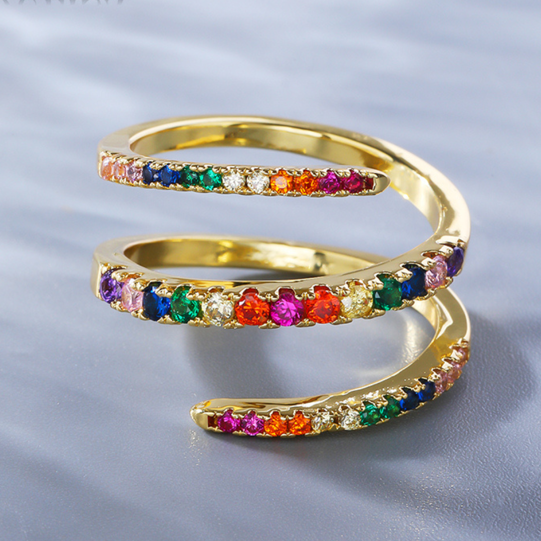 Adjustable 18K Gold Plated Spiral Ring with Zirconia Stones