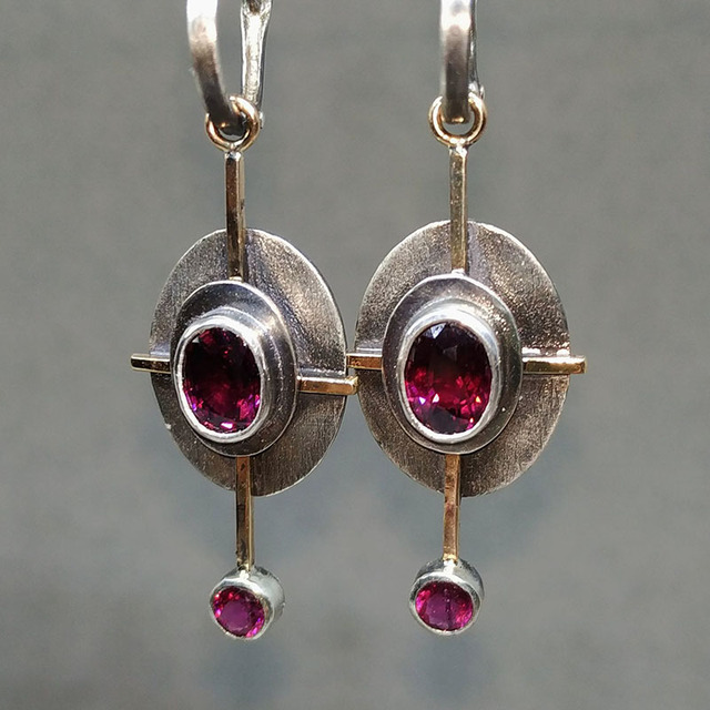 Boho earrings with garnet crystal in sterling silver