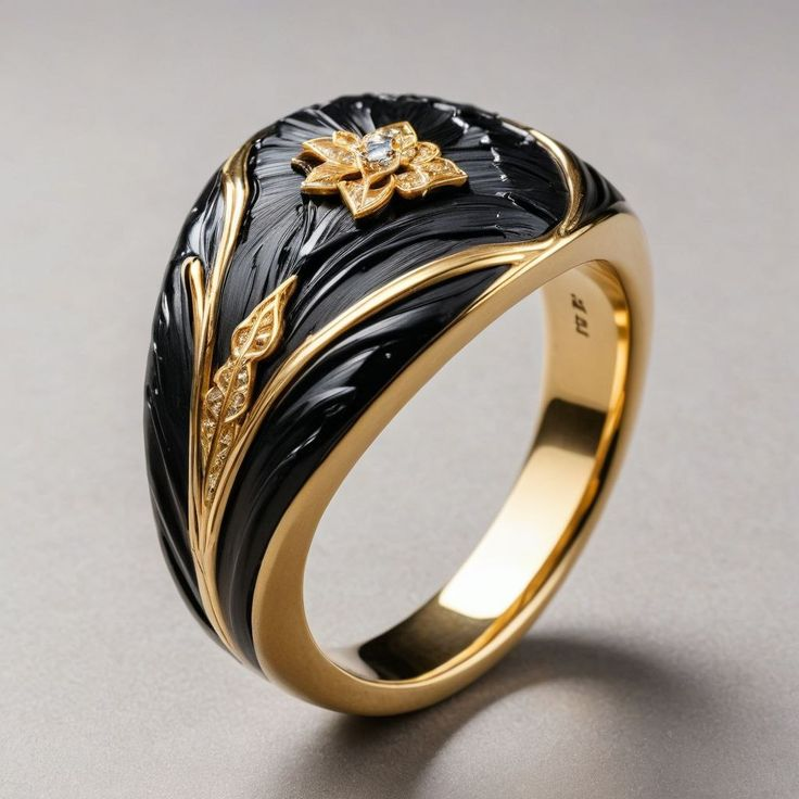 Black Enamel Ring in Vintage Gold