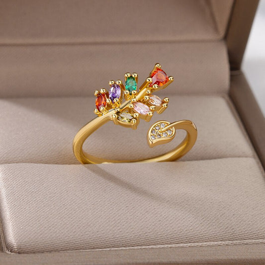 Adjustable 18K Gold-Plated Ring with Multicolored Zirconia Flowers