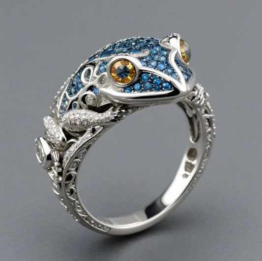 Vintage Blue Glimmering Frog Ring in Sterling Silver