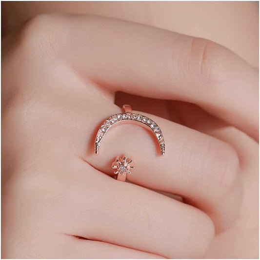 Halloween ring with moon and star made of hypoallergenic steel with 18-carat rose gold plating and zirconias