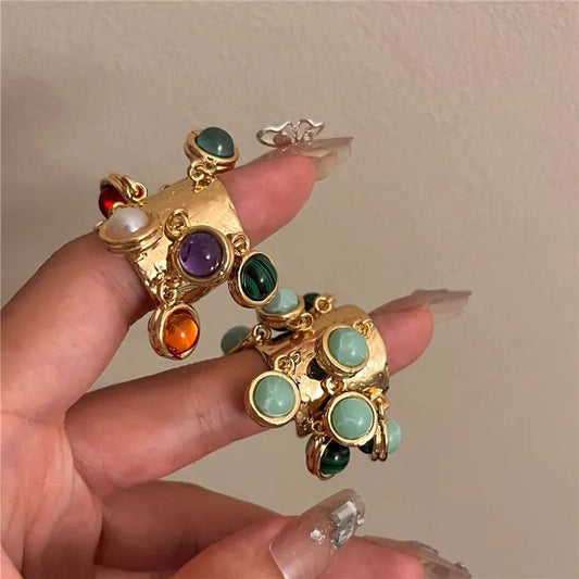 Vintage ring with natural stone pendants, plated with 18K gold