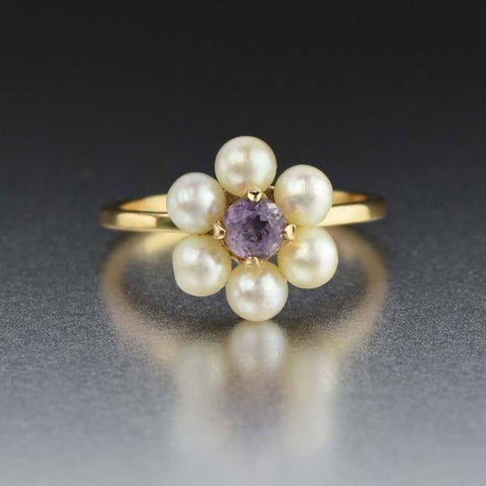 Vintage Gold Pearl Blossom Ring with Purple Crystal