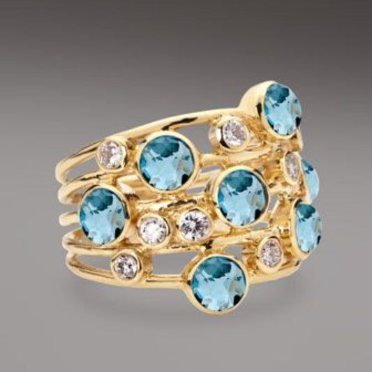 Vintage Blue Enamel Set Zirconia Gold Ring