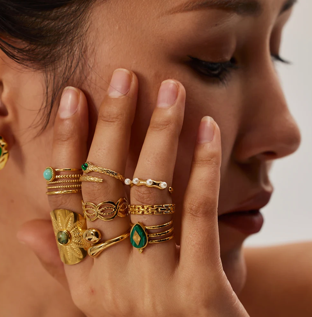 18 Karat Gold Plated Ring with Malachite