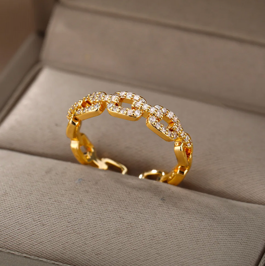 18 Karat gold-plated ring with love chain and rhinestones
