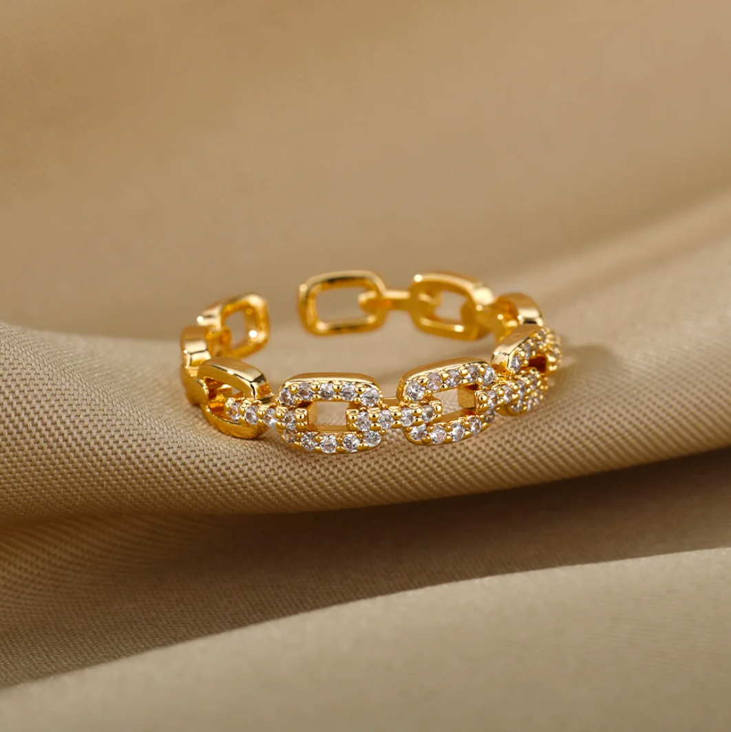 18 Karat gold-plated ring with love chain and rhinestones