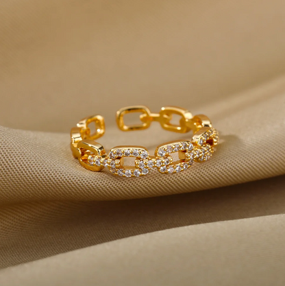 18 Karat gold-plated ring with love chain and rhinestones