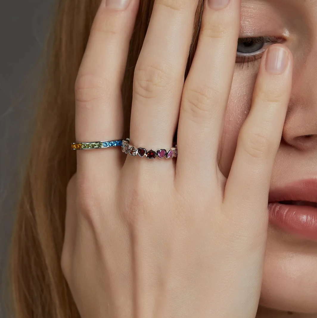 Mini ring with multicolored hearts made of 925 sterling silver