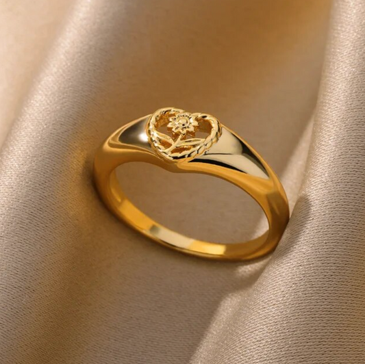 Ring with Heart and Rose, 18 Karat Gold Plated