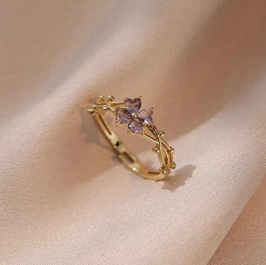 Adjustable Daisy Ring with Amethyst Zirconia, 18 K Gold Plated