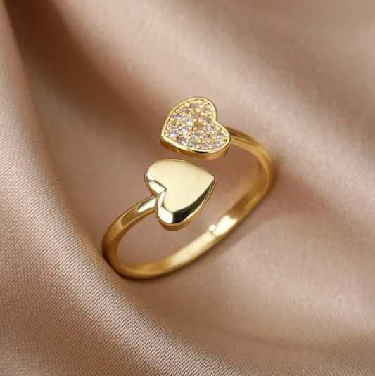 Adjustable ring with two hearts and zirconias, 18 karat gold-plated