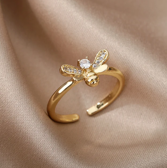 Adjustable ring with bee and zirconia, 18 karat gold plated