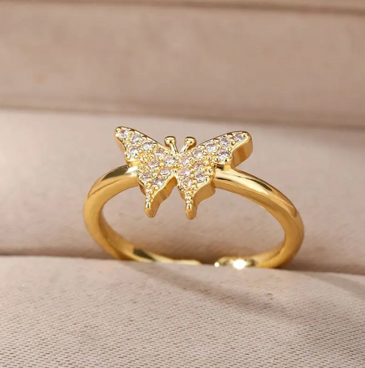 Adjustable butterfly ring with zirconia, 18-carat gold plated
