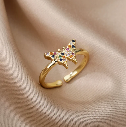 Adjustable butterfly ring with multicolored zirconia, 18 karat gold-plated