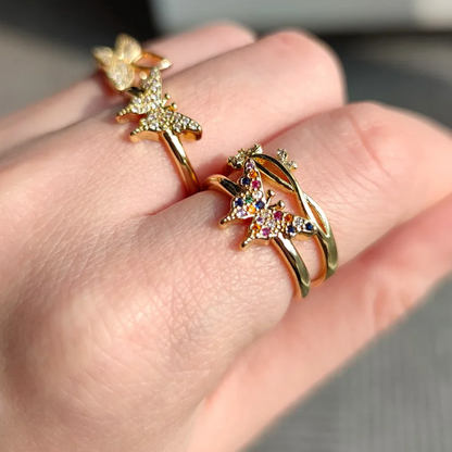 Adjustable butterfly ring with multicolored zirconia, 18 karat gold-plated