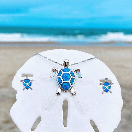 Sea Turtle Necklace + Earring Set made of Opal and Silver