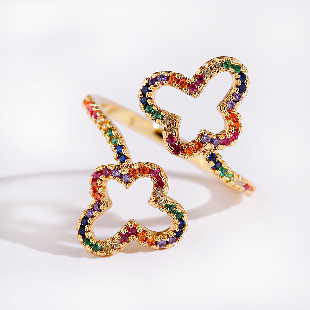 Adjustable ring with butterfly and zirconia stones, 18 carat gold-plated