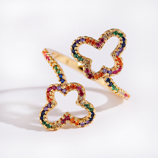Adjustable ring with butterfly and zirconia stones, 18 carat gold-plated