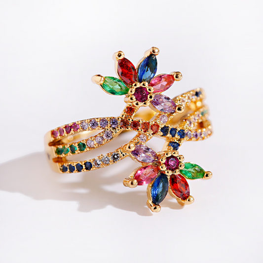 Adjustable ring with flower motif and zirconia stones, 18-carat gold-plated