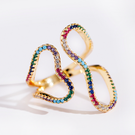 Adjustable ring with colored zirconia stones, 18 karat gold plated