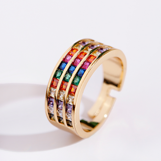 18K Gold Plated Elegant Adjustable Ring with Colored Zirconia
