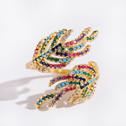 Adjustable 18K Gold Plated Leaf Ring with Colored Zirconia