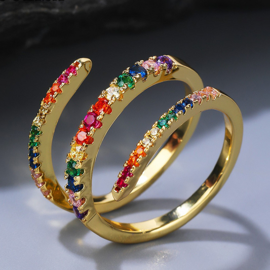 Adjustable 18K Gold Plated Spiral Ring with Zirconia Stones