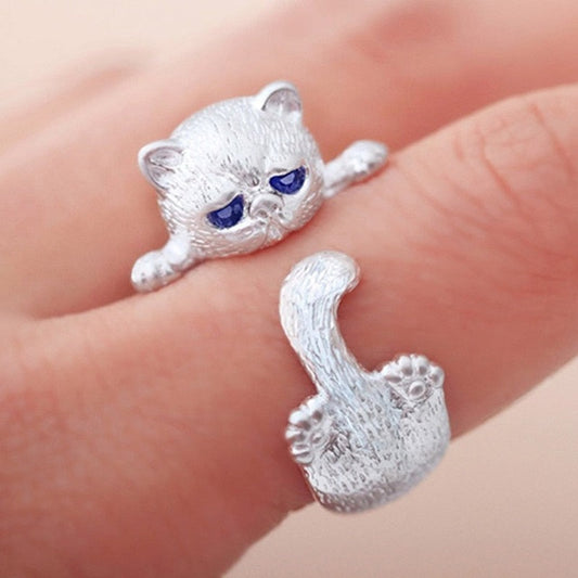 Handcrafted 925 Sterling Silver Cat Ring with Blue Cubic Zirconia