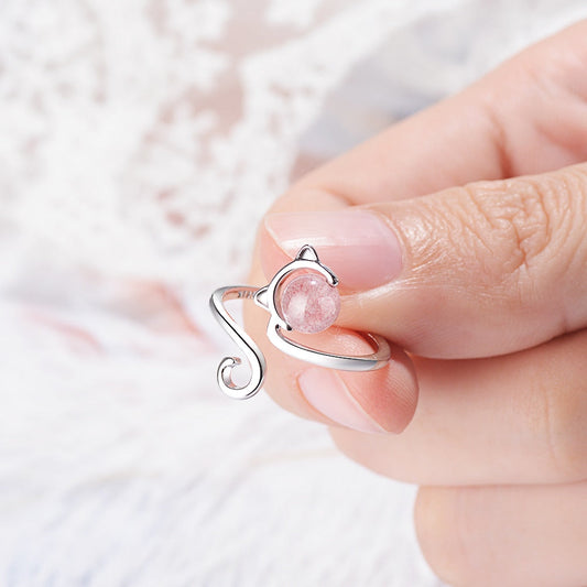 Ring with pink kitten made of 925 sterling silver and agate