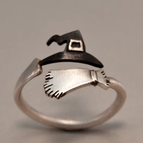 Witch hat and broom ring made of hypoallergenic steel and black enamel for Halloween