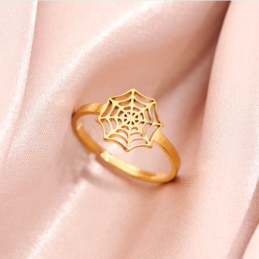 Hypoallergenic 18K Gold Plated Steel Spider Web Halloween Ring