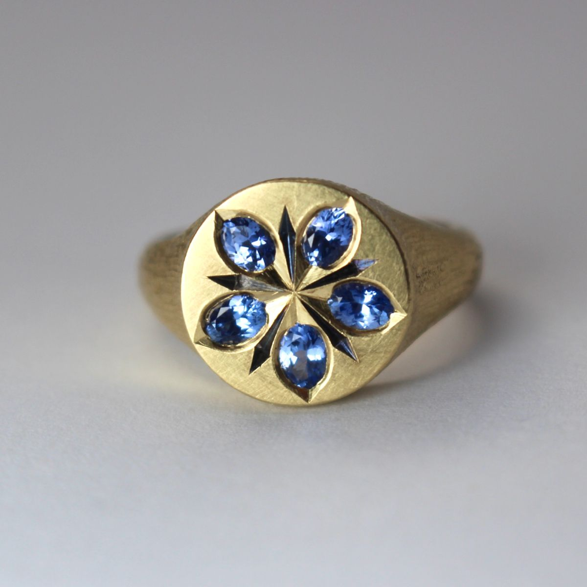 Ring with Blue Crystal Flower in Vintage Gold