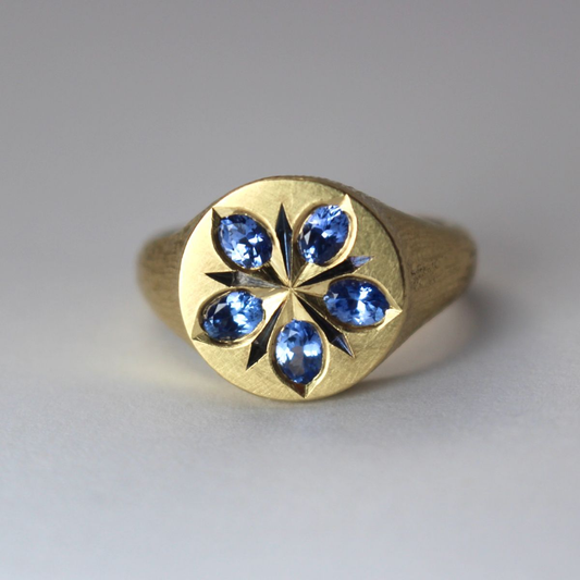 Ring with Blue Crystal Flower in Vintage Gold