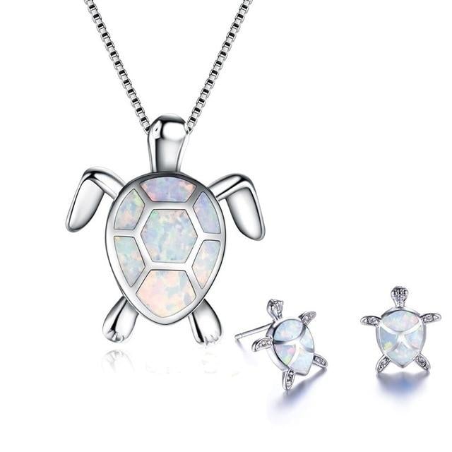 Sea Turtle Necklace + Earring Set made of Opal and Silver