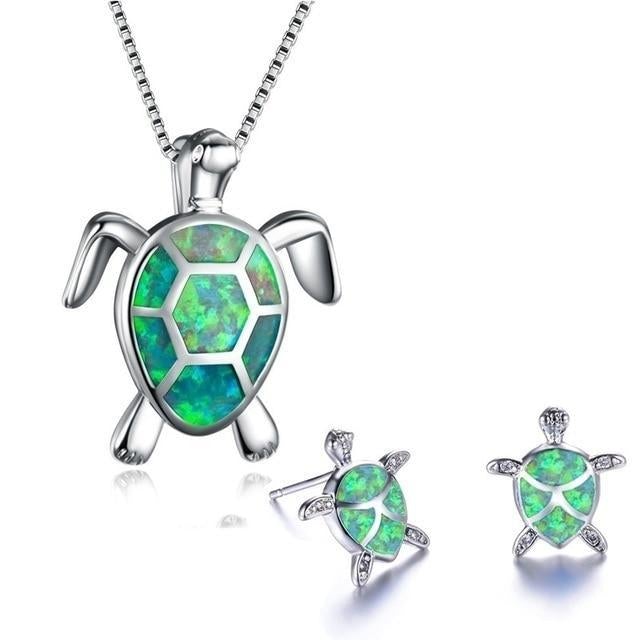 Sea Turtle Necklace + Earring Set made of Opal and Silver