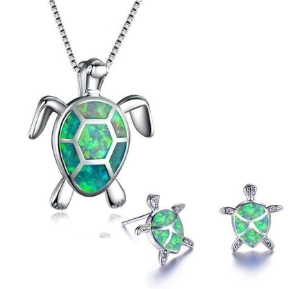 Sea Turtle Necklace + Earring Set made of Opal and Silver