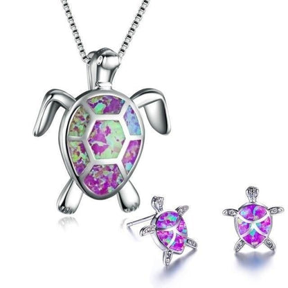 Sea Turtle Necklace + Earring Set made of Opal and Silver