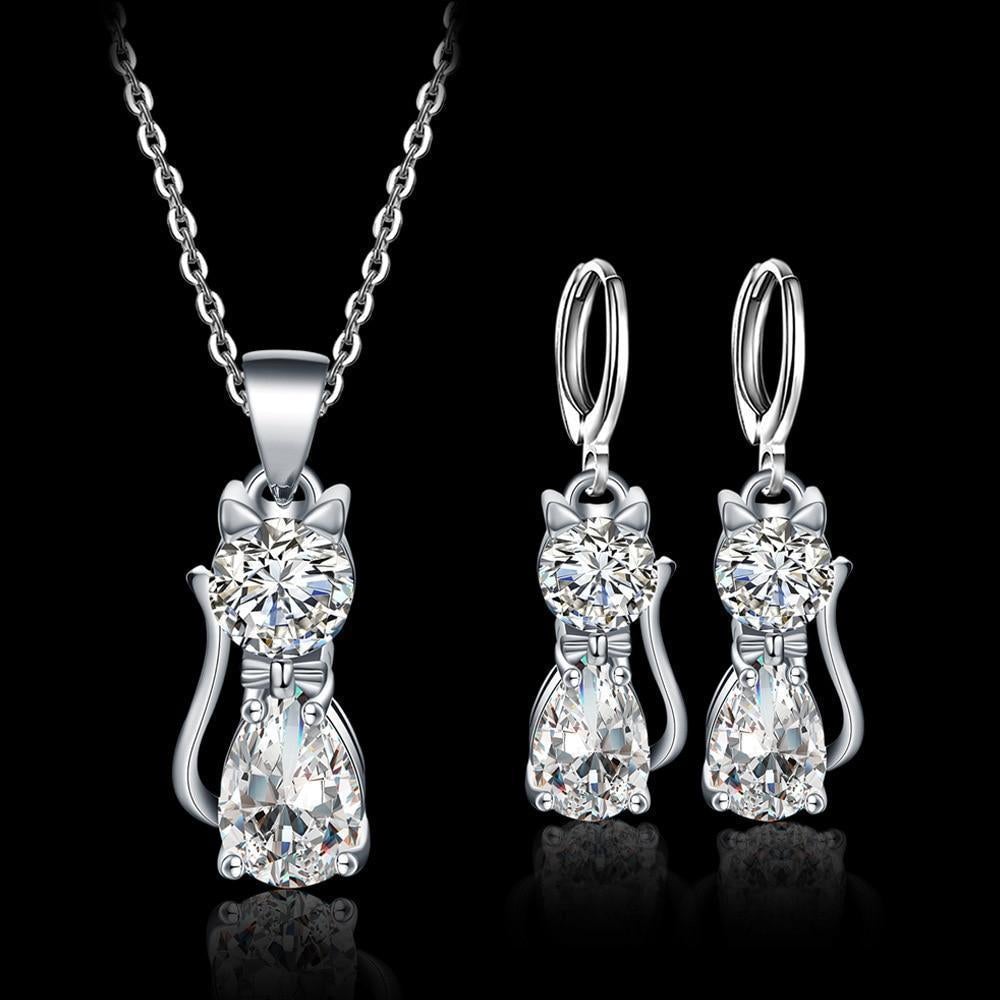 Happy Cats Necklace Set + Earrings made of Sterling Silver and Polished White Zirconia