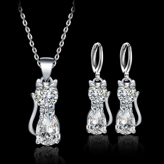 Happy Cats Necklace Set + Earrings made of Sterling Silver and Polished White Zirconia